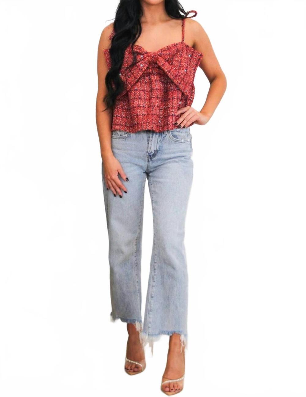 NEW DAY + MOON atlas bow babydoll plaid tweed top in red